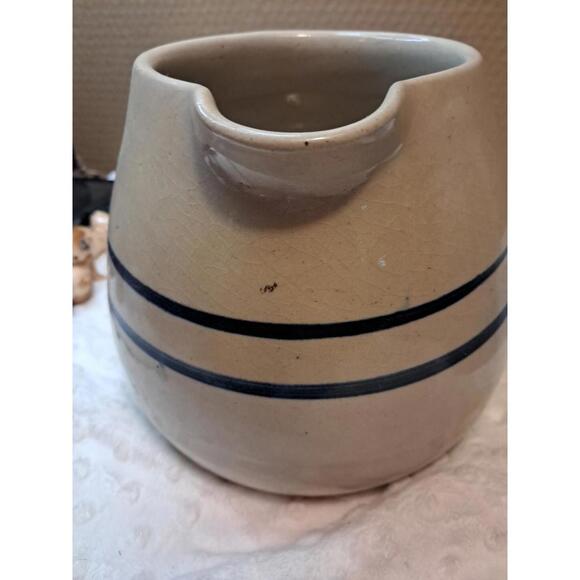 Beige Glazed Primitive Pitcher Stoneware JUG Crock with blue stripe 5.75" tall - Picture 4 of 7